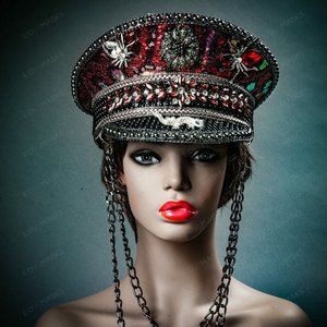 Steampunk Burgundy Leopard Military Captain Cap